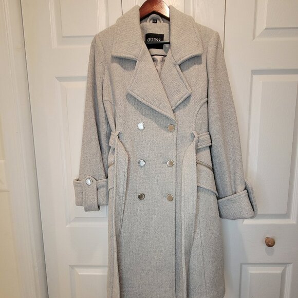 GUESS Wool Blend Doublebreasted Gray Coat NWOT w/ Silver Buttons - Picture 13 of 16